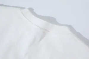 Close-up of crew neckline and ribbed fabric on white slim fit long sleeve T-shirt
