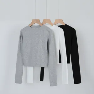 American Style Slim Fit Long Sleeve Crop Top Round Neck Solid Color Heavyweight Cotton T-Shirt For Women Autumn Commuter