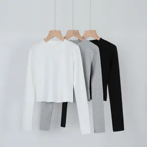 Minimalist slim fit long sleeve crop top t-shirts in white, grey and black solid colors