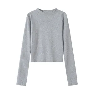 Slim fit grey crew neck crop top long sleeve T-shirt for women