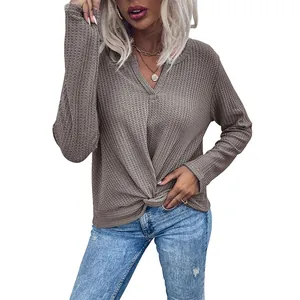 Casual waffle knit V-neck long sleeve top with stylish front twist knot detail for women