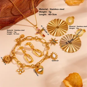 Gold stainless steel jewelry set with evil eye charms and cross necklace