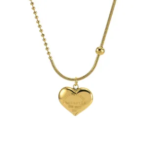 Japanese Korean Style Stainless Steel Heart Pendant Necklace For Women Asymmetric Bead Snake Chain Engraved ETERNAL LOVE Gift