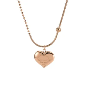 Rose gold titanium steel heart pendant necklace with mixed bead and snake chain