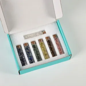 Natural gemstone specimen set with 7 crystal wish bottles in gift box