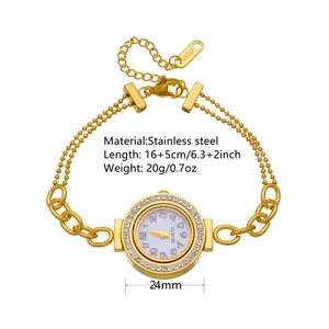 Elegant gold stainless steel watch bracelet with rhinestone dial and double layer chain