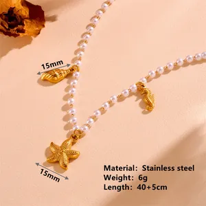 Détail du collier thème océan avec breloque étoile de mer et perles, acier inoxydable.