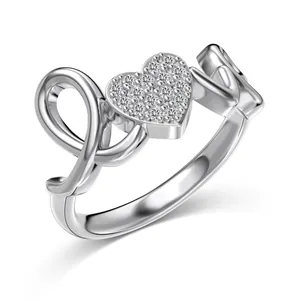 Elegant S925 sterling silver ring featuring a cursive 'LOVE' design with CZ-paved heart center