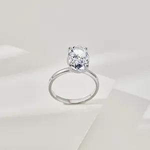 Close-up of silver ring with large oval ice-cut cubic zirconia stone