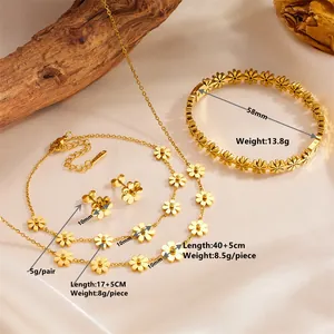 Detailed specifications of a golden titanium steel daisy jewelry set with dimensions shown.