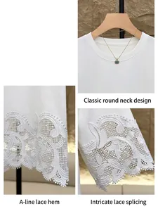 White crew neck T-shirt for women featuring intricate lace splicing on hem and sleeves