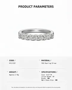 Macro detail of S925 sterling silver row diamond ring with product specifications