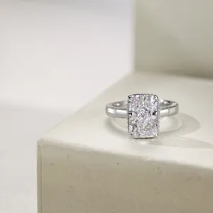 Macro view of a sparkling radiant-cut square zircon ring set in polished S925 sterling silver