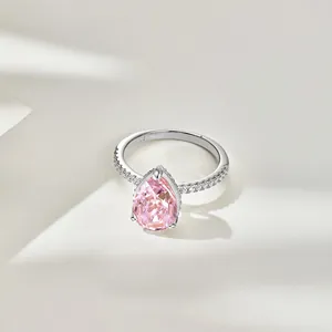 Detailed shot of S925 silver ring featuring a pear-shaped pink ice flower cut zircon.