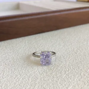 Close-up of S925 silver ring featuring a sparkling rectangular lavender zircon center