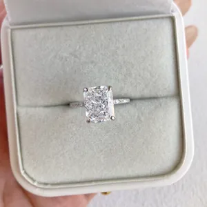 Close-up view of S925 sterling silver ring with radiant cut sparkling zircon in box