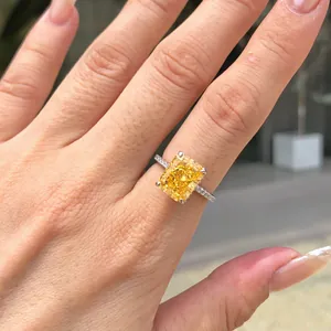 Close-up of S925 sterling silver ring with large yellow radiant cut zircon stone