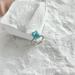 Detailed view of an S925 sterling silver ring featuring a large emerald-cut blue zircon stone.