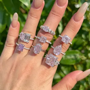 S925 sterling silver rings set with pink radiant and pear cut zircons on hand