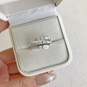 Close-up of S925 sterling silver wrap ring with sparkling zircons in a jewelry box