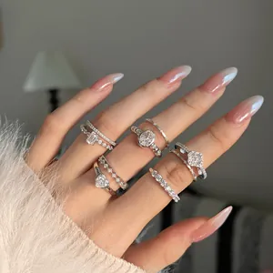 S925 sterling silver stackable rings set for women with sparkling heart and emerald stones