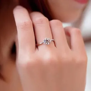 Macro view of a classic silver-toned six-prong brilliant-cut zircon wedding ring
