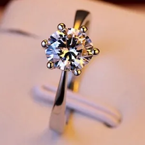 Detailed close-up of a sparkling round zircon secured in a classic six-prong silver ring.