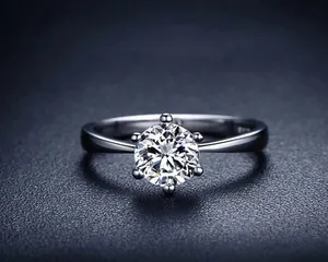 Macro view of a classic six-prong solitaire cubic zirconia ring on a dark background