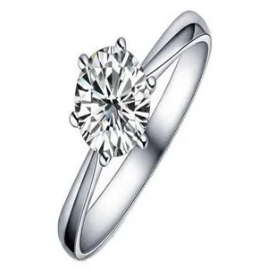 Macro view of a classic six-prong solitaire ring with a brilliant round zircon stone.