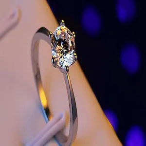 Detail of classic six-prong solitaire cubic zirconia ring in silver finish