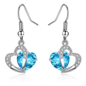 Fashion Copper White Gold Plated Heart Zirconia Drop Earrings Elegant Sweet Blue Purple Red Crystal Dangle Jewelry For Women
