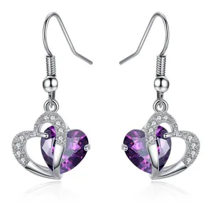 Elegant platinum-plated heart-shaped drop earrings with purple cubic zirconia crystals