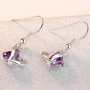 Elegant purple heart-shaped crystal zircon earrings with polished silver-tone hooks