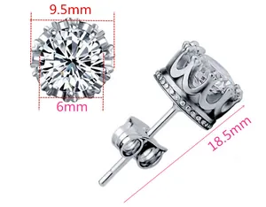 Detailed dimensions of silver crown stud earrings featuring large clear zircon stones