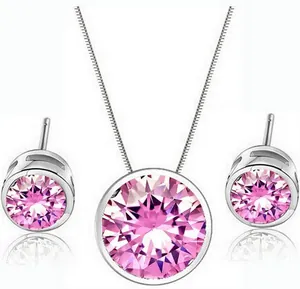 Korean Fashion AAA Zirconia Round Pendant Necklace And Stud Earrings Jewelry Set For Women Copper Water Wave Chain Set