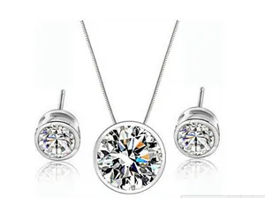Macro detail of brilliant-cut AAA round zircon in bezel-set necklace and earrings