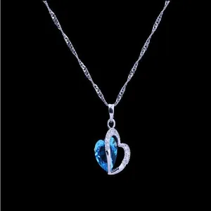 Exquisite Titanic Heart of the Ocean blue crystal heart pendant necklace in silver finish