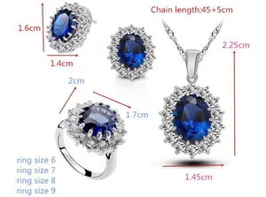 Detailed dimension specifications for blue sapphire jewelry set inspired by the royal ring