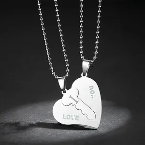 Collana con Pendente a Forma di Cuore Puzzle Chiave in Acciaio Inossidabile per Coppie Incisa I Love You Catena a Palline