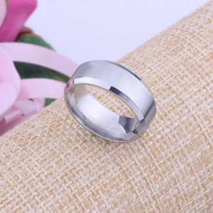 Macro detail of 8mm brushed silver tungsten steel ring with polished beveled edges