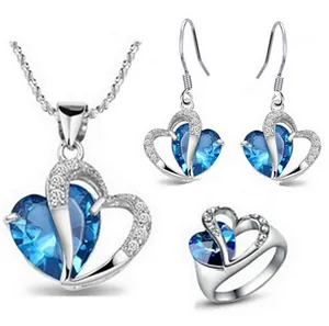 Titanic Heart of the Ocean Jewelry Set Blue Heart Zirconia Copper Necklace Earrings Open Ring For Women Elegant Party Jewelry
