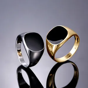 Premium men's signet rings with black enamel square top in gold and silver finish