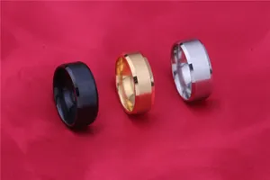 Close-up of 8mm brushed tungsten steel rings in black, gold, and silver finishes.