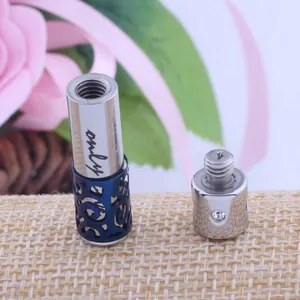 Detailed view of stainless steel perfume pendant with screw cap and crystal detail