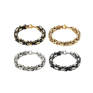 Men's stainless steel Byzantine chain bracelets in gold, silver, and black bicolor designs.