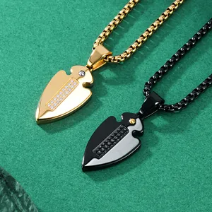 Men's hip-hop style titanium steel necklace with rhinestone-studded arrowhead pendant design