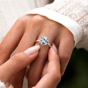Macro detail showing a brilliant round cut moissanite ring set in S925 sterling silver