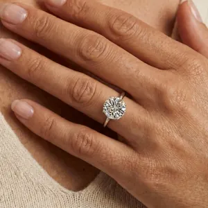 Detail shot of a brilliant round-cut moissanite solitaire ring in a silver setting