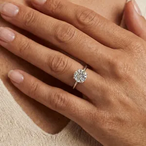Macro detail view showing a classic round-cut moissanite solitaire ring on a hand.