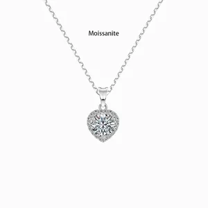 Collar con Colgante de Corazón de Plata de Ley 925 Moissanita 1 Quilate Color D VVS1 Halo Diamante de Laboratorio Joyas GRA